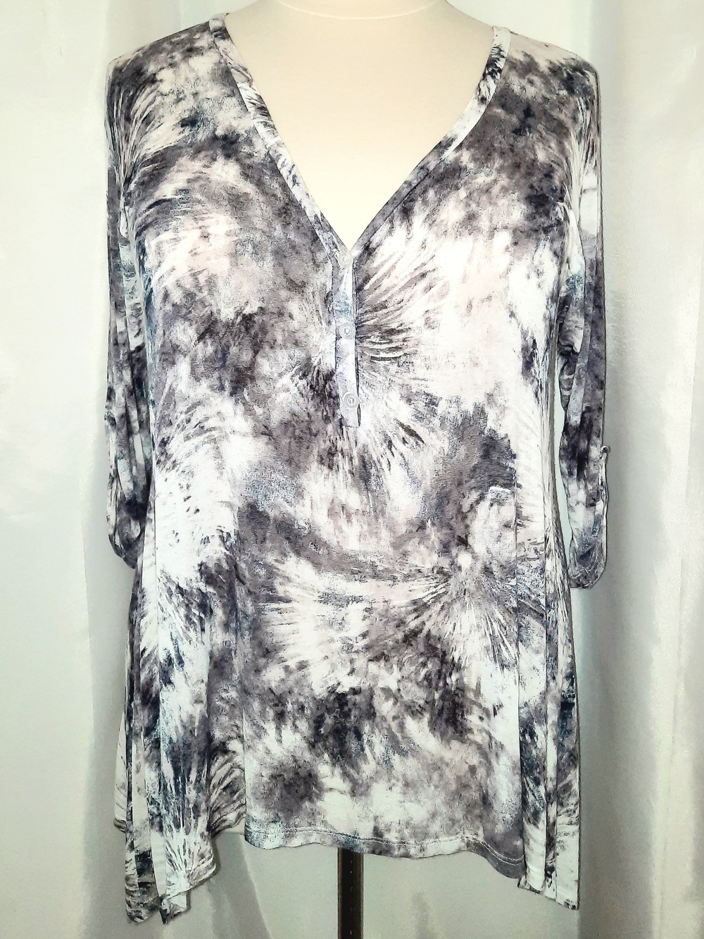 H.I.P. Gray & White Tie-Dye V-Neck Stretchy Tunic Top Women's LG